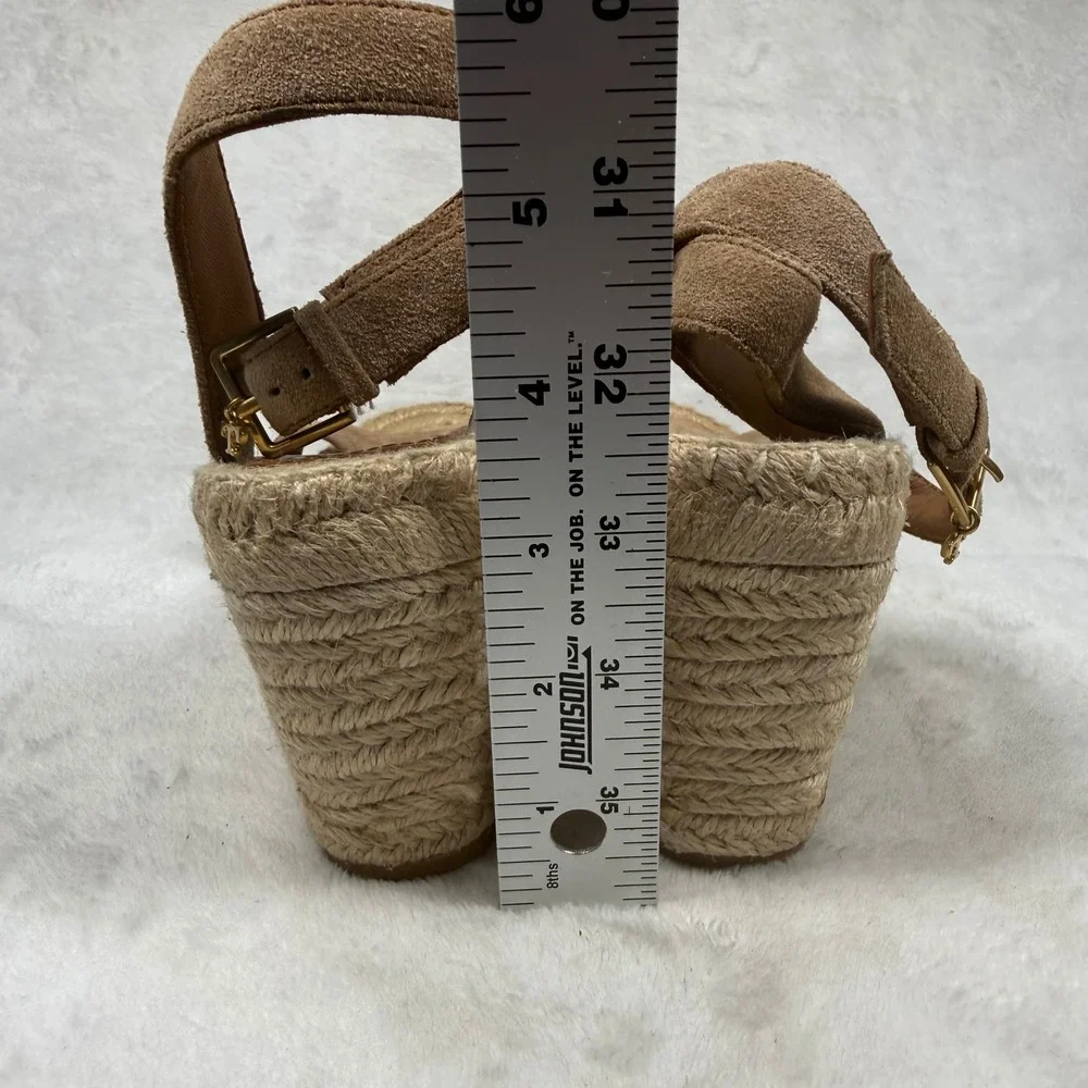 Tory Burch Ines Suede Espadrille Wedge Sandals Brown Ankle Strap 4in Heel 7.5
